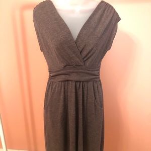 Grey Beige V-Neck Cotton Dress with Pockets Medium